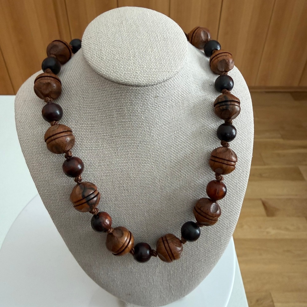 VTG Wood Bead Necklace Brown 24" Earthy Boho Chunky Continuous No Clasp